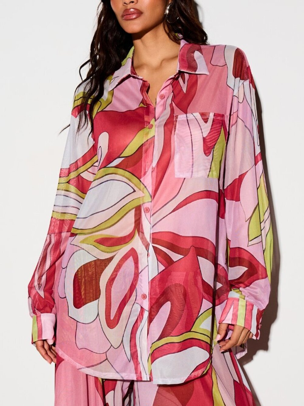 Hot Pink Women's Sheer Printed Oversized Button-Down Shirt